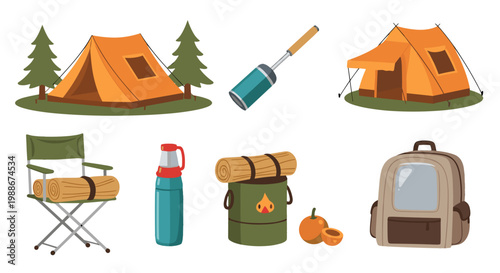Camping gear assortment tents chair backpack thermos lantern and sleeping bag