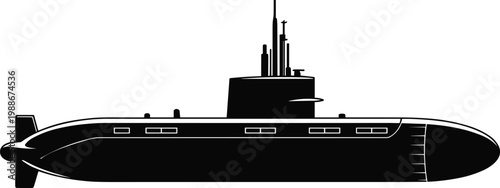 Black submarine silhouette illustration, underwater vessel vector, military submarine outline, naval transport graphic, isolated submarine design, underwater navigation stock image