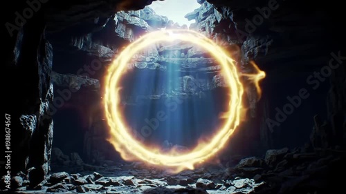 Glowing golden magic portal inside a dark stone cave