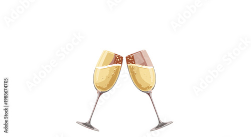 Two champagne glasses clinking for a toast with chocolate dipping isolated