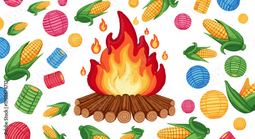 Vibrant campfire with corn cobs and colorful paper lanterns scattered around