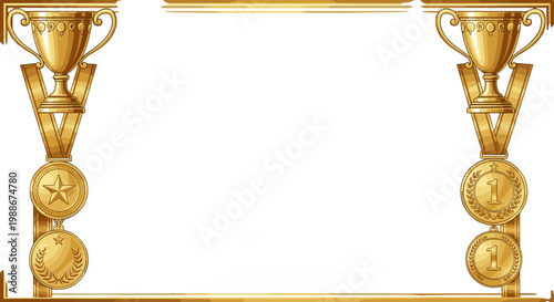 Ornate golden trophy frame with decorative elements and circular medals award