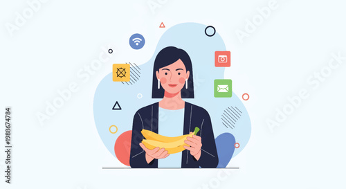 A modern woman holding a chat box surrounded by communication icons and symbols in a digital illustration.