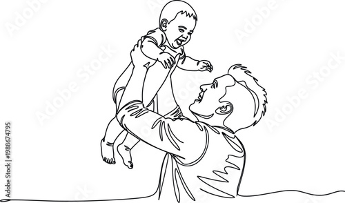 Caring father playfully lifting his happy young baby high into the air as they share a joyful bonding moment captured in a minimalist line drawing