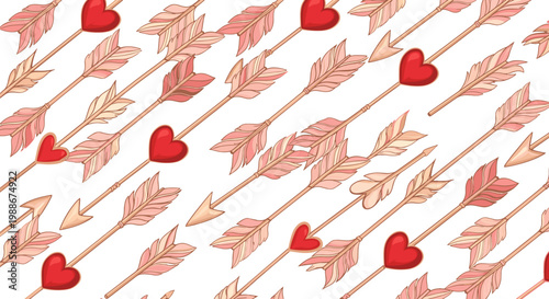 Seamless pattern of cupid arrows and red hearts on white background love symbolism