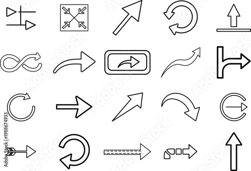 A collection of black and white arrows on a white background