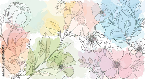 Delicate floral line art with soft watercolor washes in pastel colors elegant