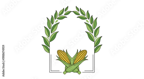 Decorative laurel wreath frame with corn cobs and geometric border isolated
