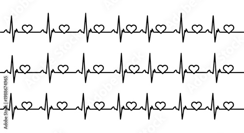 Seamless pattern of heart cardiogram line with pulse and heart symbols