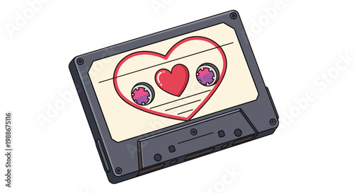 Vintage cassette tape with heart symbol and music notes retro audio storage concept