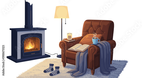 Cozy armchair with blanket book and candle next to a glowing fireplace warm