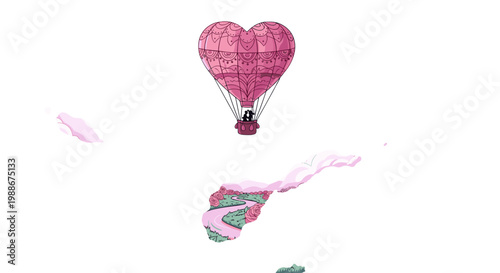 Whimsical heart shaped hot air balloon floats above abstract pink and green