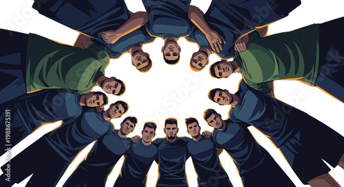 Diverse group of athletes huddle together in circle showing unity and teamwork