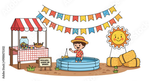 Joyful child splashing in inflatable pool near market stall and hay bales