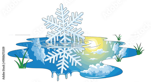 Melting snowflake on puddle reflecting sunny sky and clouds concept of seasons