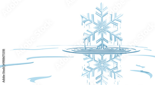 Melting snowflake forming a water puddle with reflection on white background