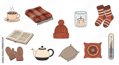 Cozy winter comforts hot beverage blanket hat mittens book tea set pillow candle