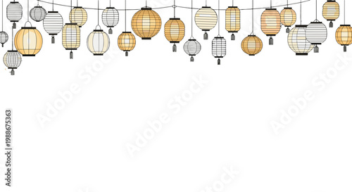 Decorative paper lanterns strung on a light cord illuminating a festive atmosphere