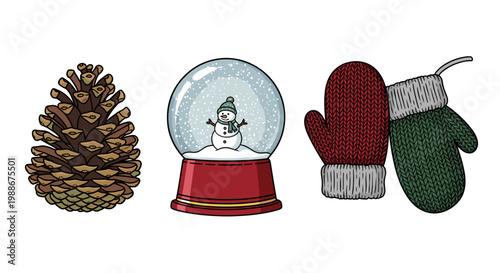 Cozy winter scene elements pinecone snow globe with snowman and mittens on white