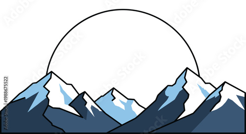 Stylized snowy mountain peaks silhouette against a large circular sun or moon