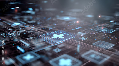 Digital medical network with glowing cross icons and secure records grid conveying connected health data and protection