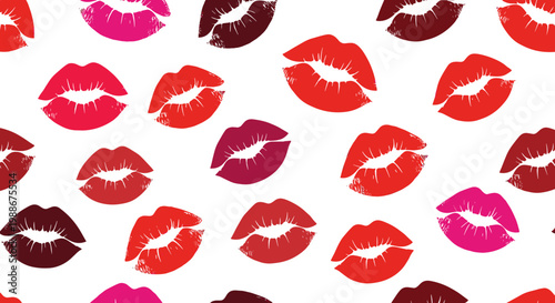 Seamless pattern of lipstick kiss marks in vibrant red pink and burgundy hues