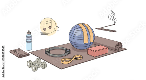 Home fitness equipment and accessories arranged on a yoga mat promoting wellness