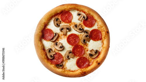 Photos Round pepperoni and mushroom pizza with melted cheese, isolated on transparent b