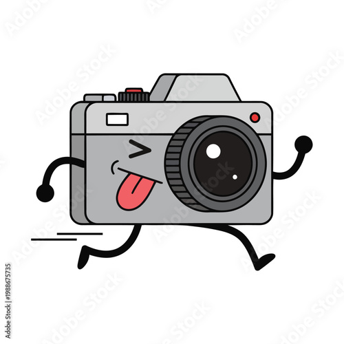 Running camera mascot sticking tongue out fast movement photography equipment funny character design