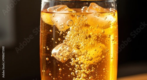 Close-up of a sparkling amber beverage with ice cubes in a clear glass. Bubbles rise