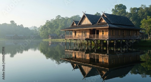 Wooden building on stilts reflects in calm lake, with forested backdrop under morning mist