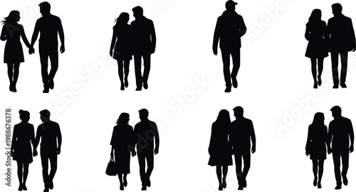 Couple walking silhouettes collection showing romantic pairs holding hands and strolling together isolated on white background vector set