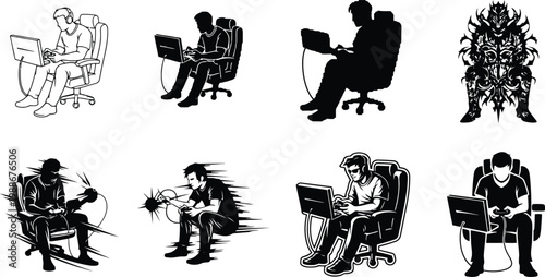Gaming player silhouettes set showing gamers with computers and controllers, esports, online gaming, streaming and entertainment concept illustration