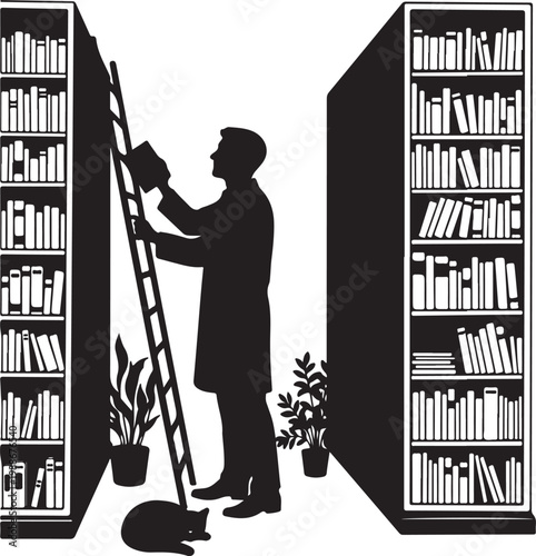 Silhouette of a man reaching for a book on a ladder between shelves, Generative Ai