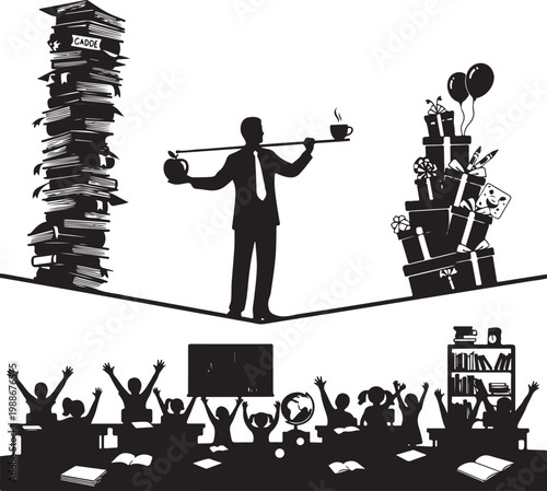 Silhouette of businessman balancing work and office supplies on a tightrope, Generative Ai