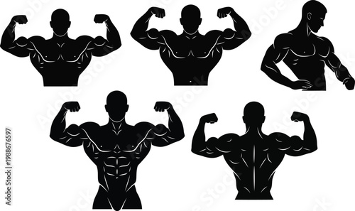 Muscular bodybuilder silhouettes set showing strong male physique flexing muscles in various poses, fitness and bodybuilding concept illustration