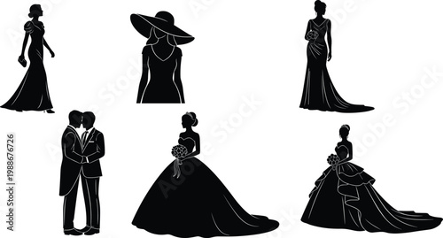 Wedding silhouettes of bride and groom, bride with bouquet and wedding dresses.