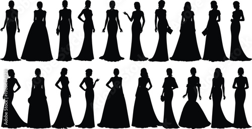 Silhouettes of women in elegant dresses displayed against transparent backgrounds.
