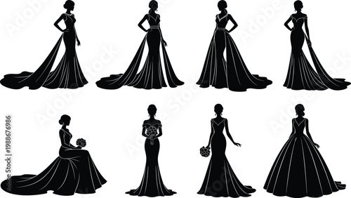 Diverse silhouettes of women in sophisticated dresses with trains.