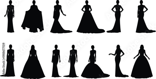 Elegant female silhouettes in flowing ball gowns and formal dresses.