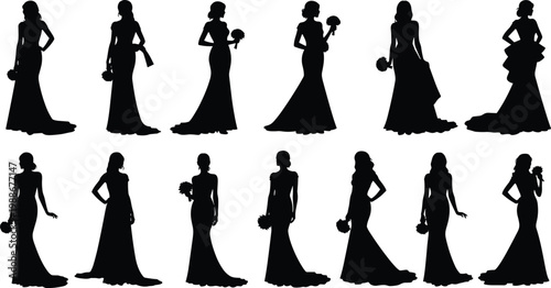 Various bride silhouettes in formal wedding gowns with bouquets.