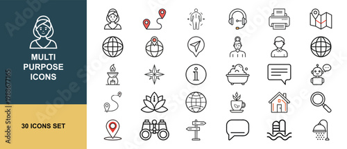Multi purpose lifestyle travel communication line icon set