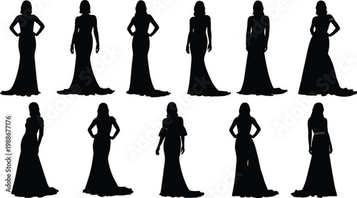 Elegant women in long evening gowns, black silhouettes on transparent background.