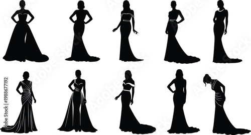 Fashionable silhouettes of women in sophisticated dresses, elegant design elements.