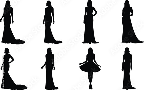 Diverse silhouettes of women in flowing and fitted evening gowns on white background.