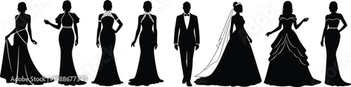 Silhouettes of women in gowns and a man in tuxedo, bride and groom.