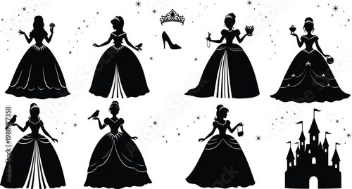 Princess silhouettes ball gown fairytale castle tiara high heel shoe and starry sky.