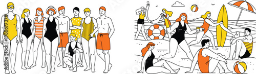 Vector Illustration Set of People in Swimwear at the Beach Featuring Diverse Groups Sunbathing, Surfing, and Relaxing for Summer Vacation Travel and Lifestyle Designs
