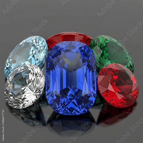 Array of faceted gemstones blue, red, green, and clear, on reflective surface
