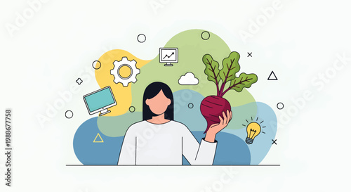 A modern woman excitedly holding a large beetroot surrounded by innovative technology and business icons in a colorful flat vector illustration.